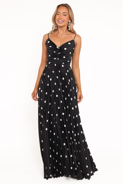 Genna Ruched V-Neck Pleat Maxi Dress - Black Polka Dot