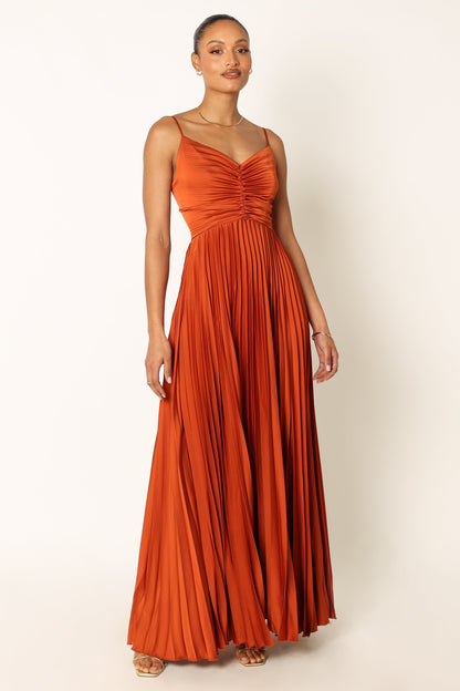 Genna Ruched V-Neck Pleat Maxi Dress - Burnt Orange