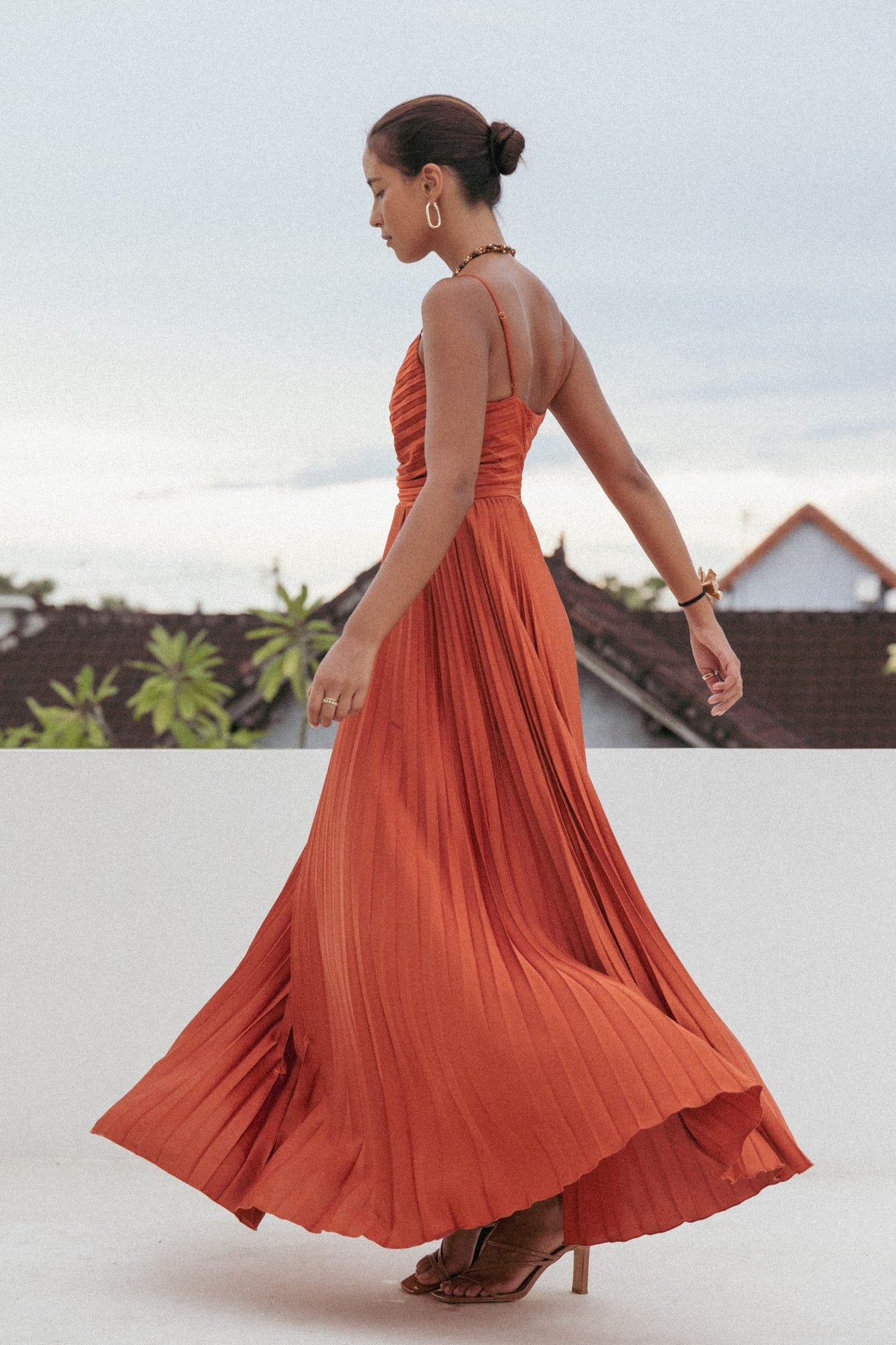 Genna Ruched V-Neck Pleat Maxi Dress - Burnt Orange