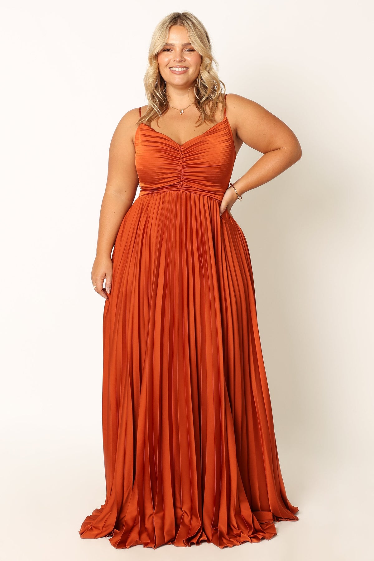 Genna Ruched V-Neck Pleat Maxi Dress - Burnt Orange