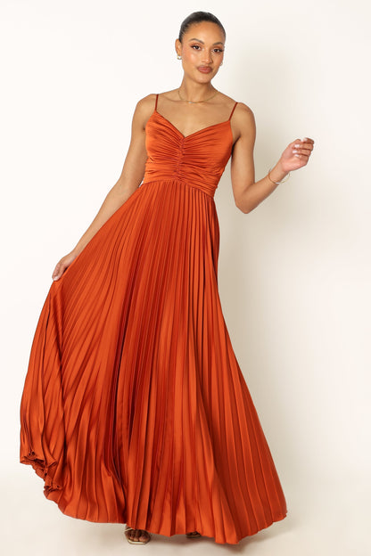 Genna Ruched V-Neck Pleat Maxi Dress - Burnt Orange