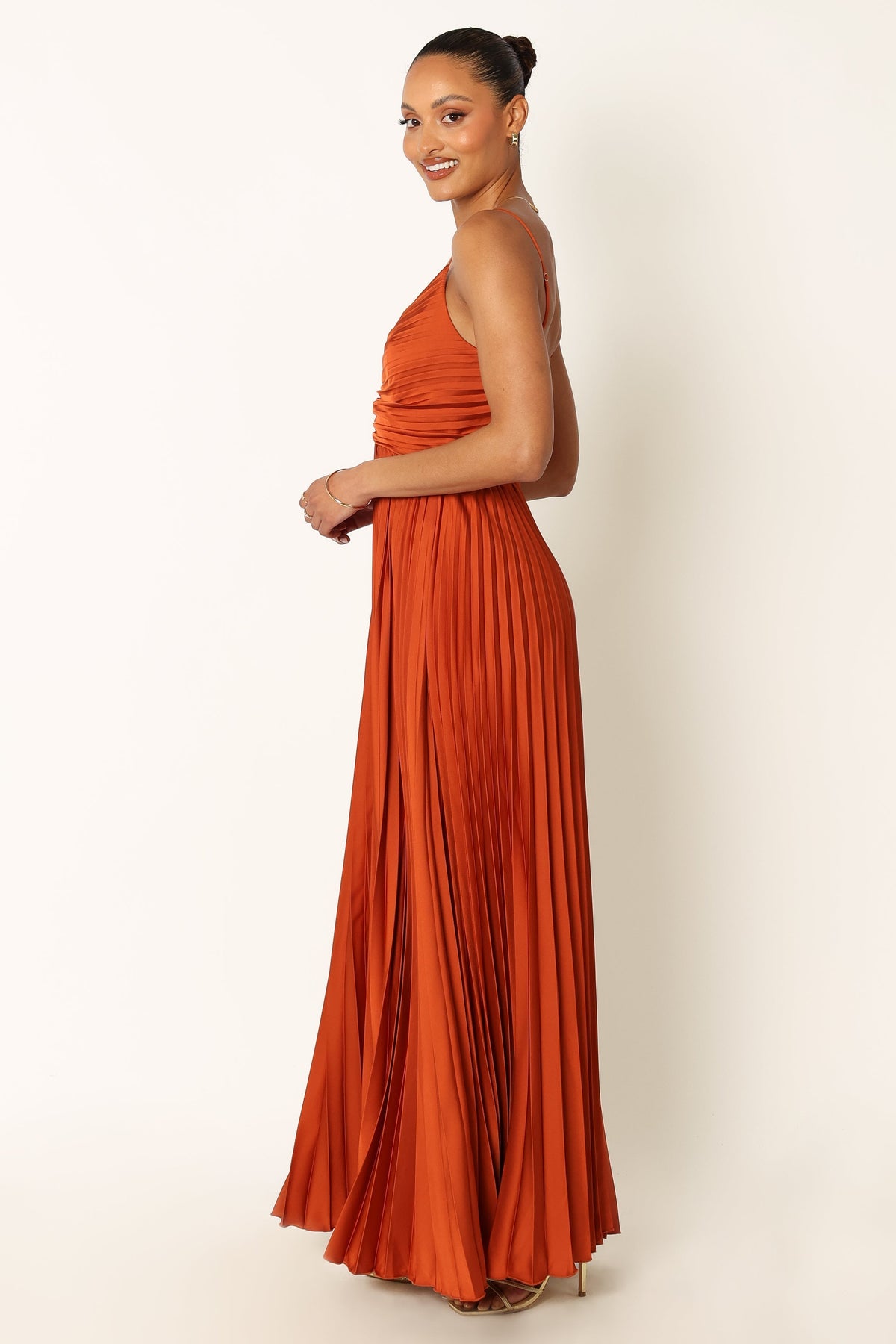 Genna Ruched V-Neck Pleat Maxi Dress - Burnt Orange