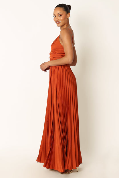 Genna Ruched V-Neck Pleat Maxi Dress - Burnt Orange