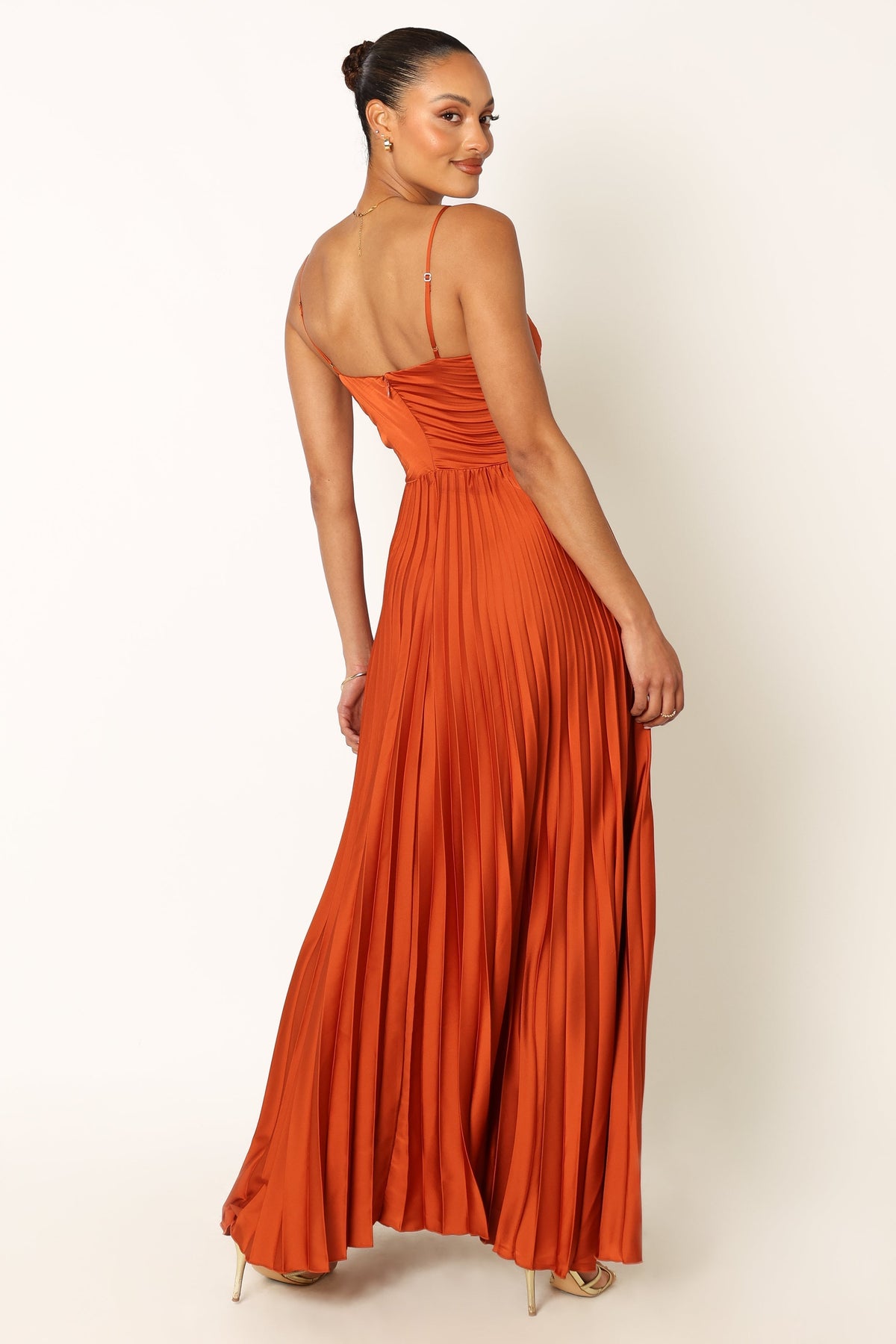 Genna Ruched V-Neck Pleat Maxi Dress - Burnt Orange