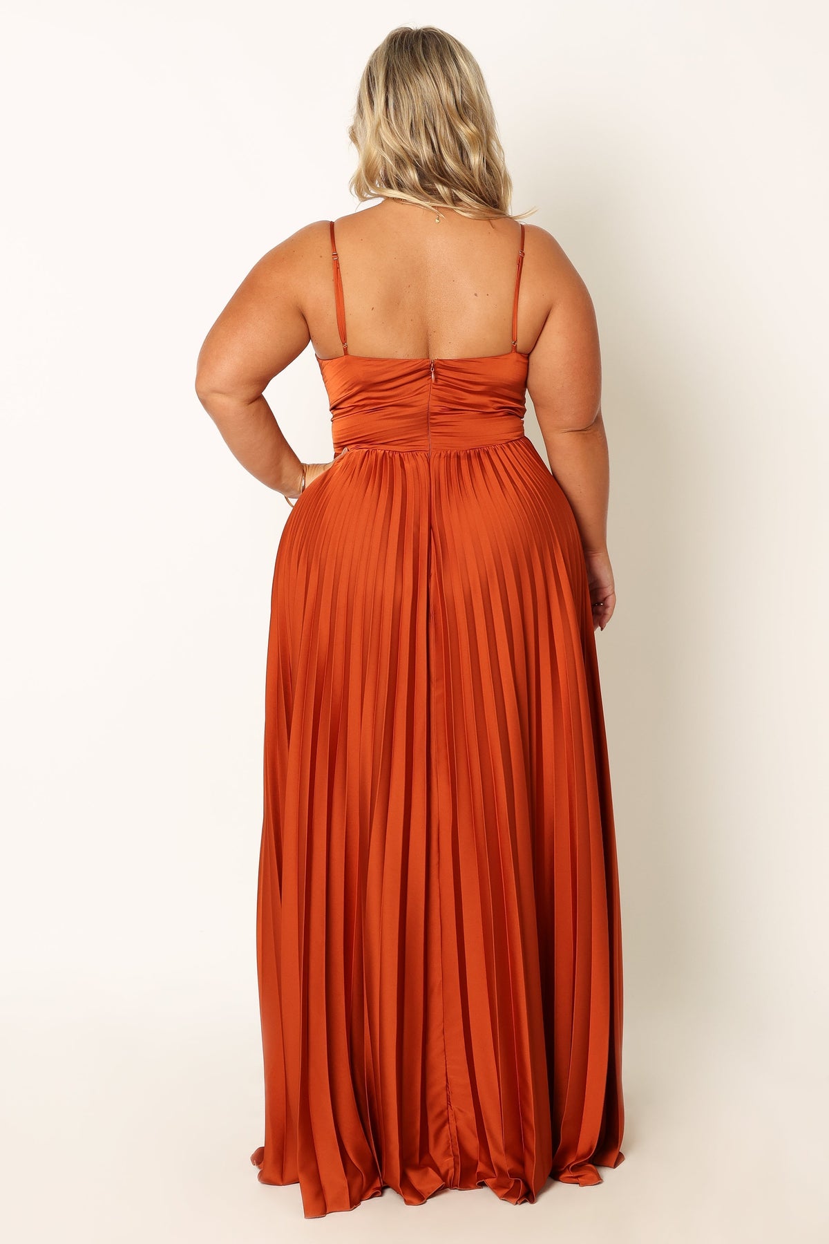 Genna Ruched V-Neck Pleat Maxi Dress - Burnt Orange