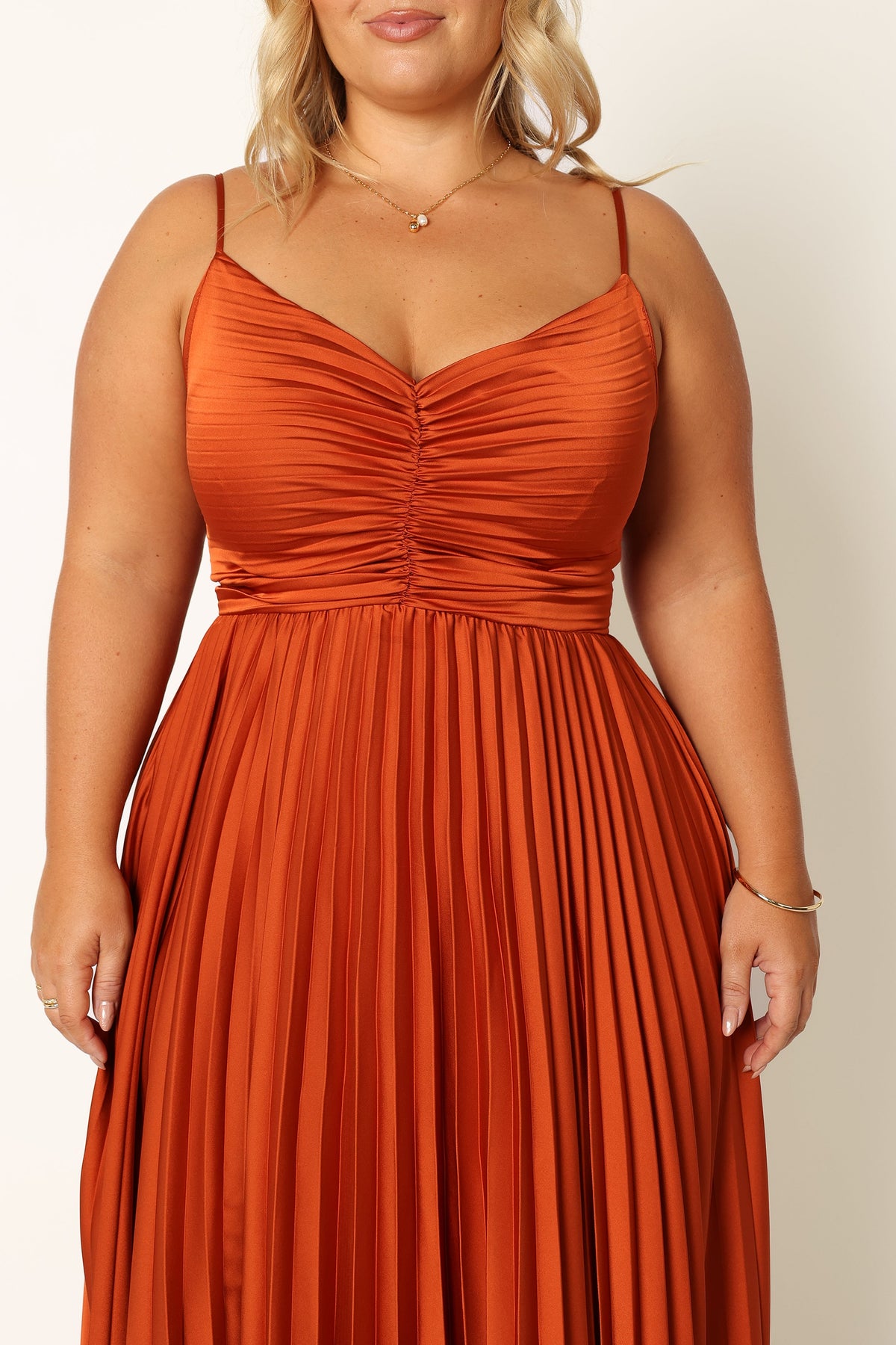 Genna Ruched V-Neck Pleat Maxi Dress - Burnt Orange