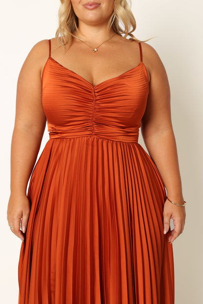 Genna Ruched V-Neck Pleat Maxi Dress - Burnt Orange