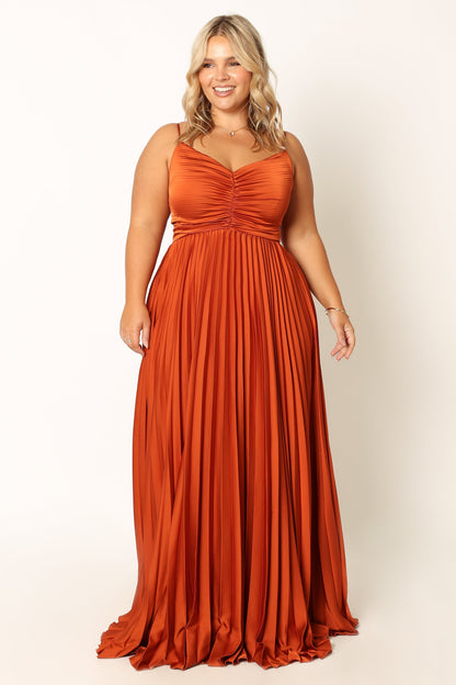 Genna Ruched V-Neck Pleat Maxi Dress - Burnt Orange