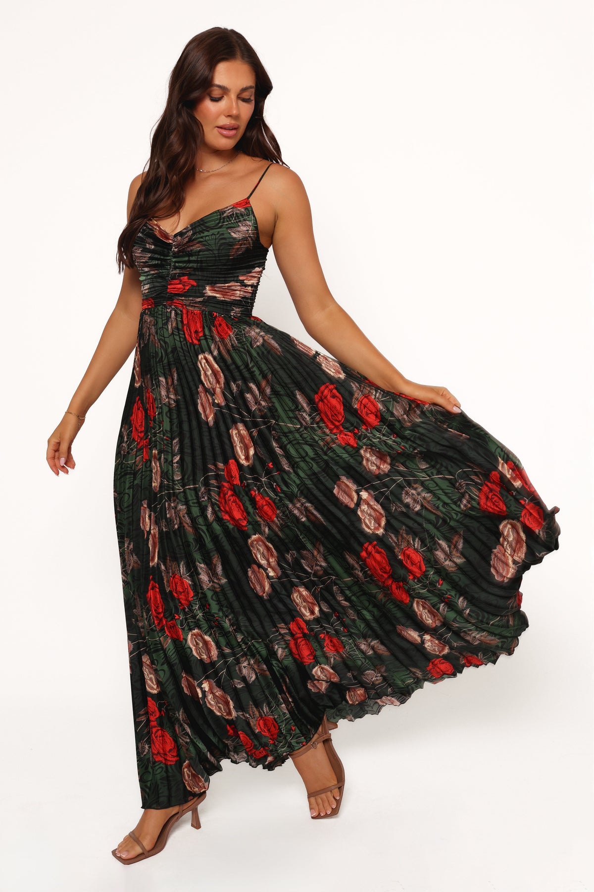 Genna Ruched V-Neck Pleat Maxi Dress - Dark Green Floral