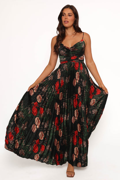 Genna Ruched V-Neck Pleat Maxi Dress - Dark Green Floral