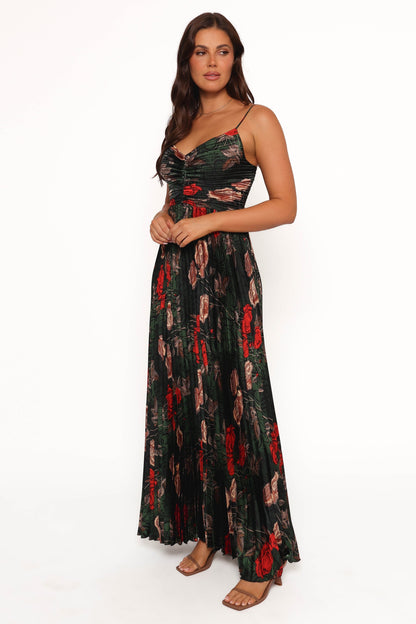 Genna Ruched V-Neck Pleat Maxi Dress - Dark Green Floral