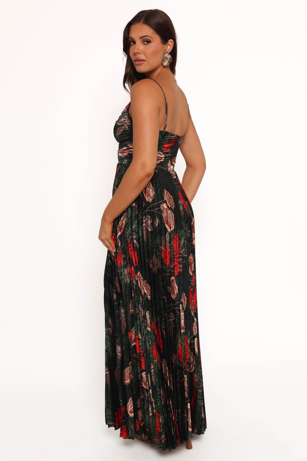 Genna Ruched V-Neck Pleat Maxi Dress - Dark Green Floral