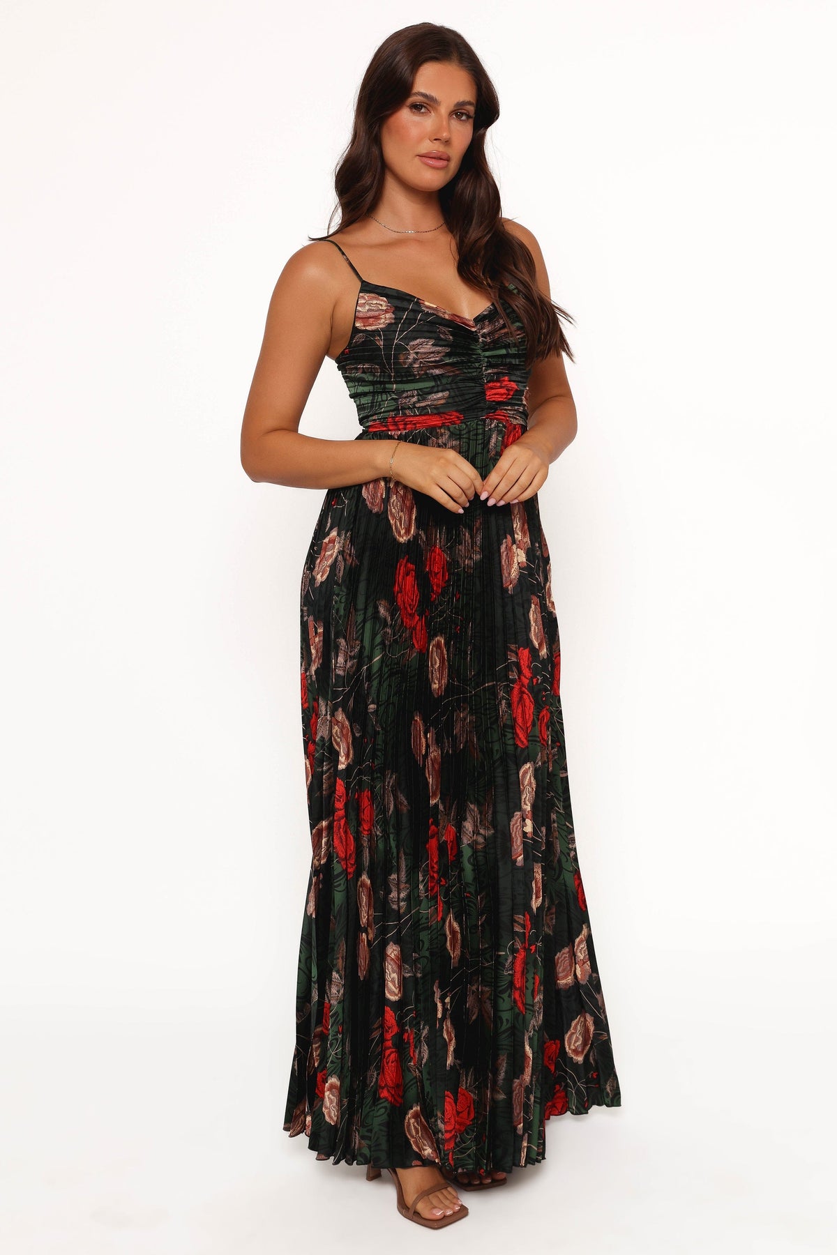 Genna Ruched V-Neck Pleat Maxi Dress - Dark Green Floral