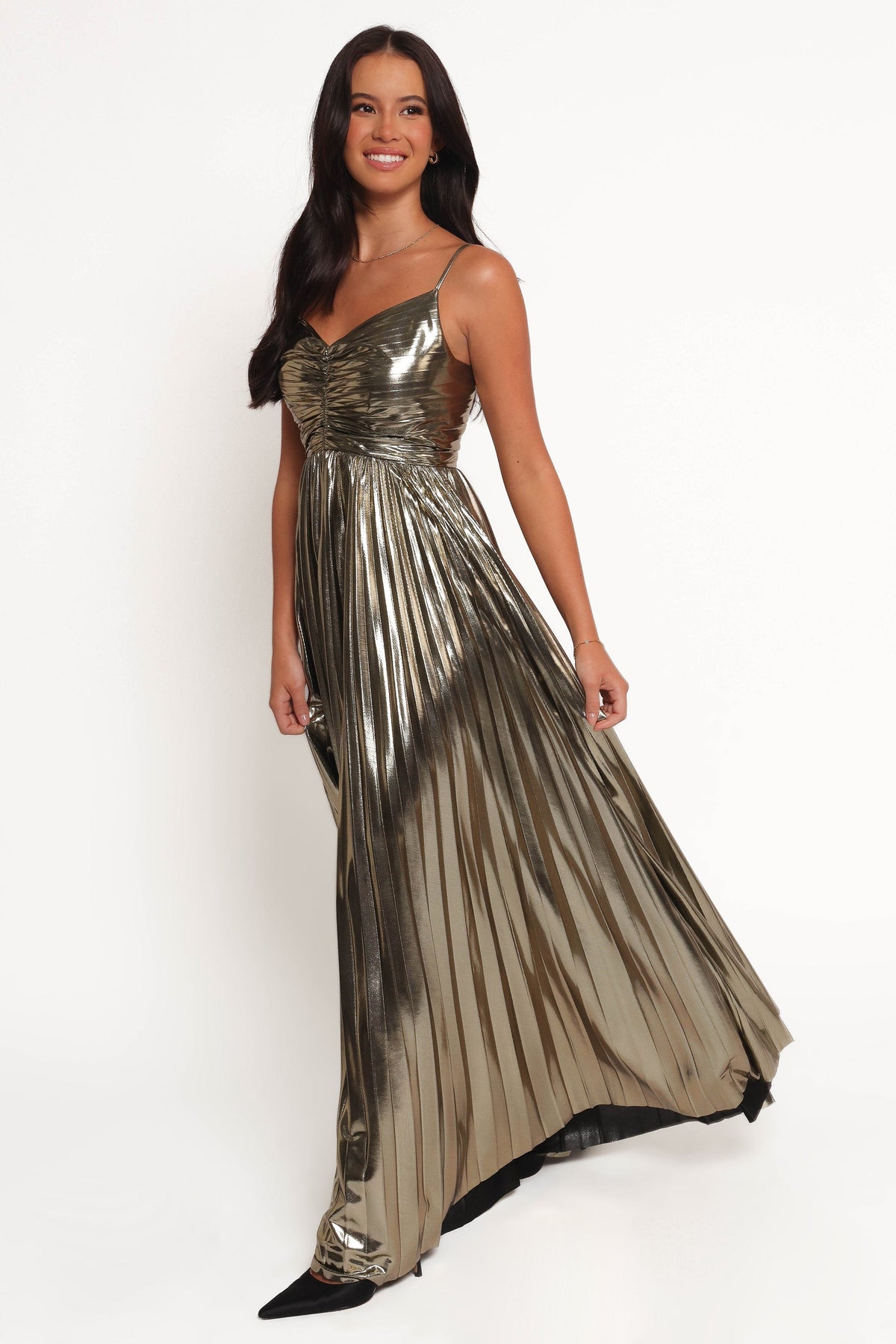 Genna Ruched V-Neck Pleat Maxi Dress - Gold