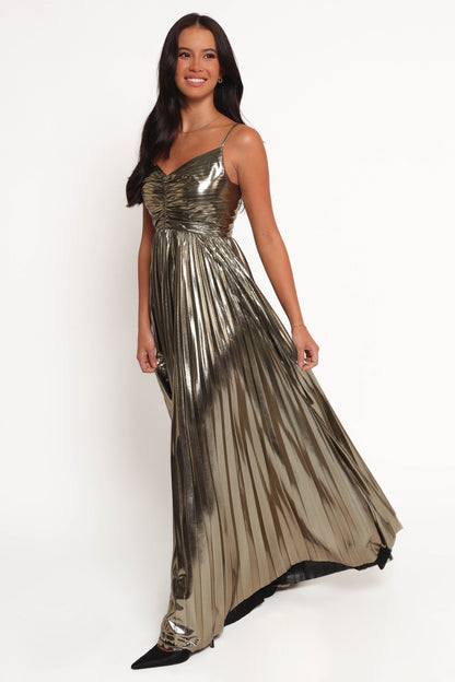 Genna Ruched V-Neck Pleat Maxi Dress - Gold