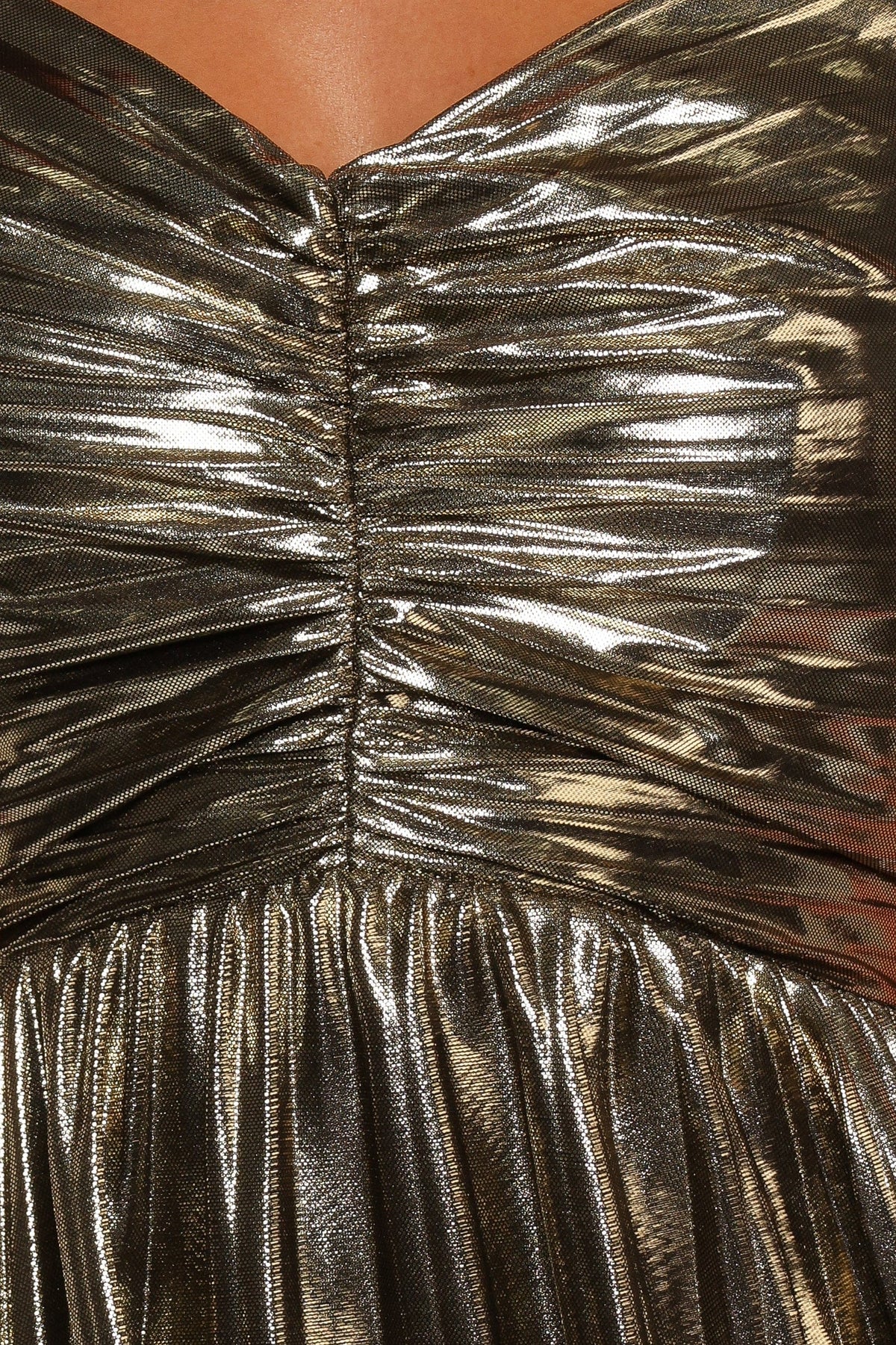 Genna Ruched V-Neck Pleat Maxi Dress - Gold