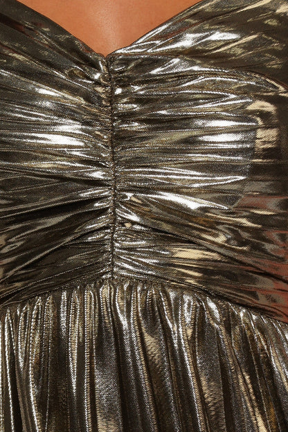 Genna Ruched V-Neck Pleat Maxi Dress - Gold