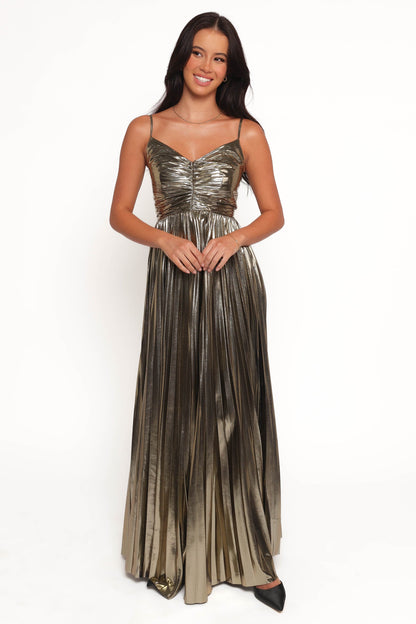 Genna Ruched V-Neck Pleat Maxi Dress - Gold