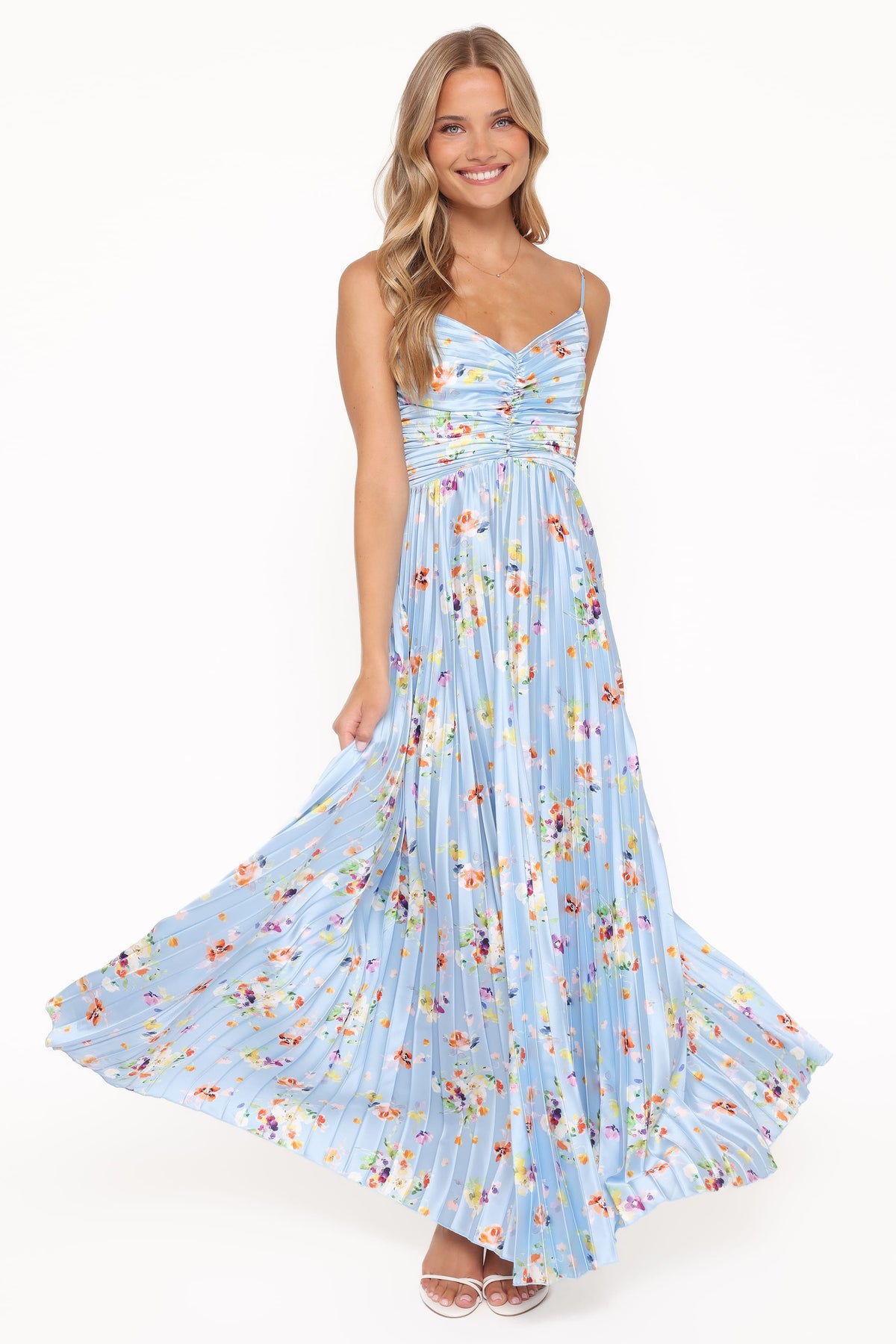 Genna Ruched V-Neck Pleat Maxi Dress - Light Blue Floral