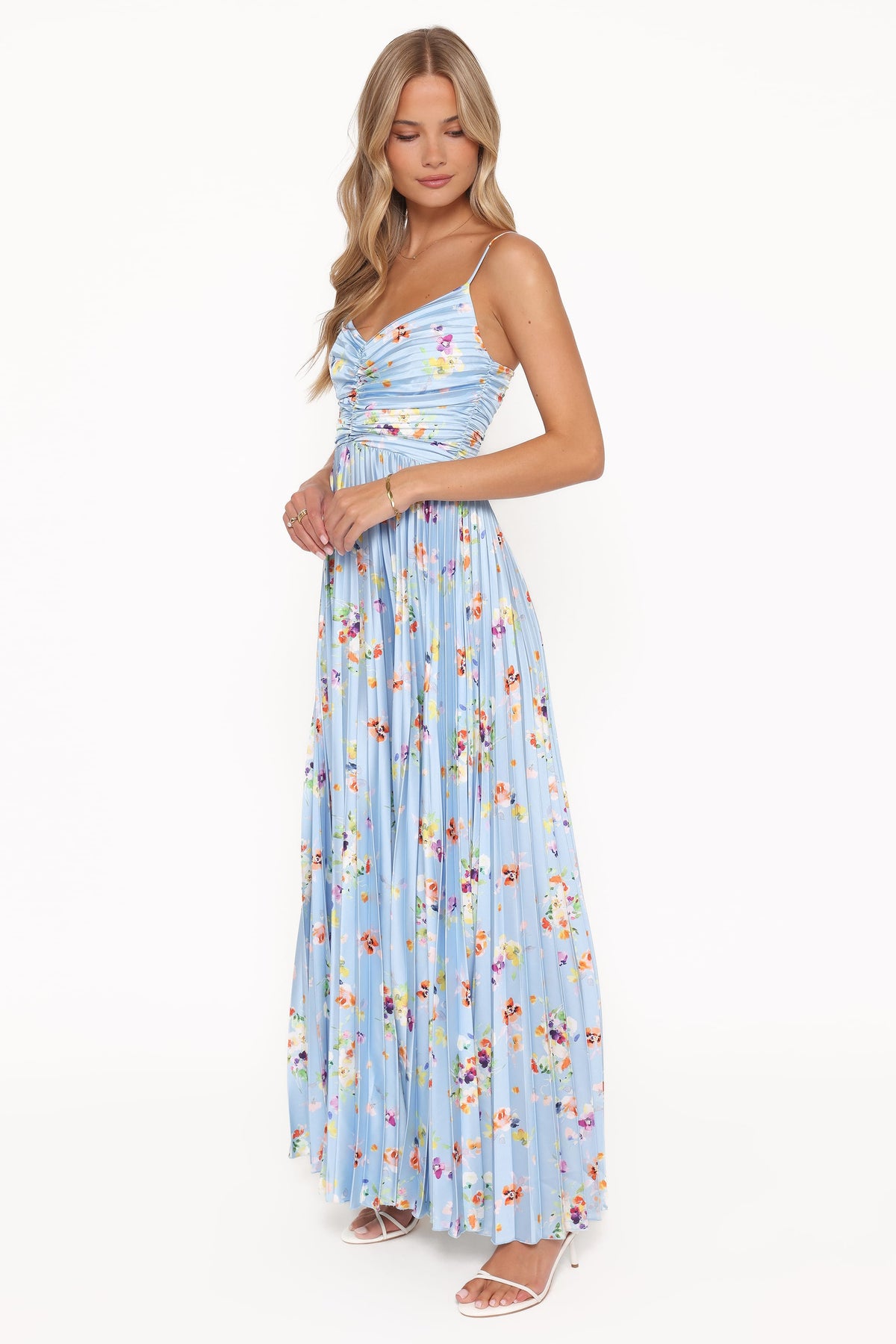 Genna Ruched V-Neck Pleat Maxi Dress - Light Blue Floral
