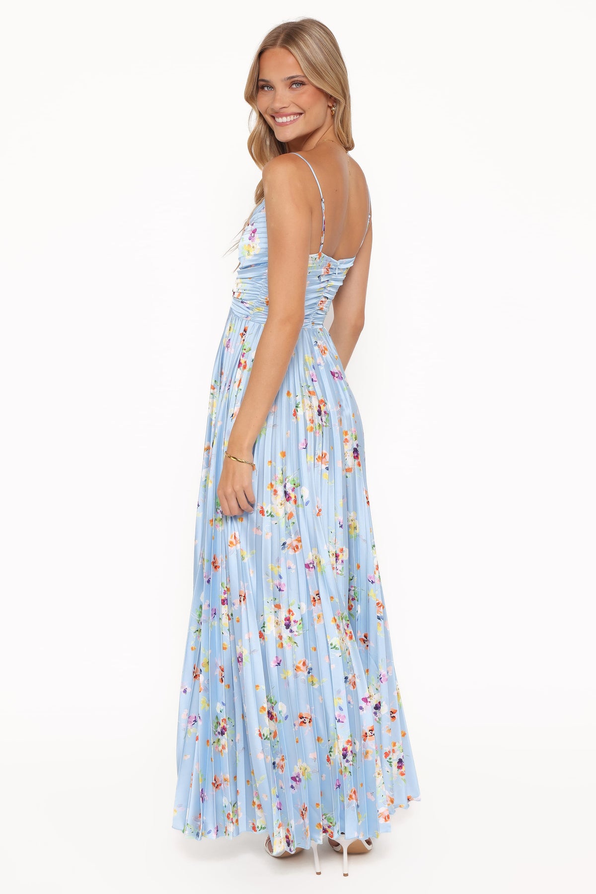Genna Ruched V-Neck Pleat Maxi Dress - Light Blue Floral