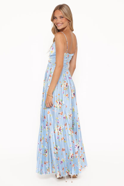Genna Ruched V-Neck Pleat Maxi Dress - Light Blue Floral