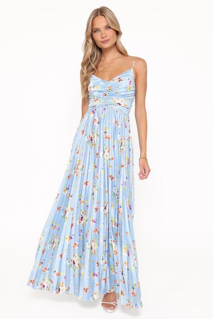 Genna Ruched V-Neck Pleat Maxi Dress - Light Blue Floral