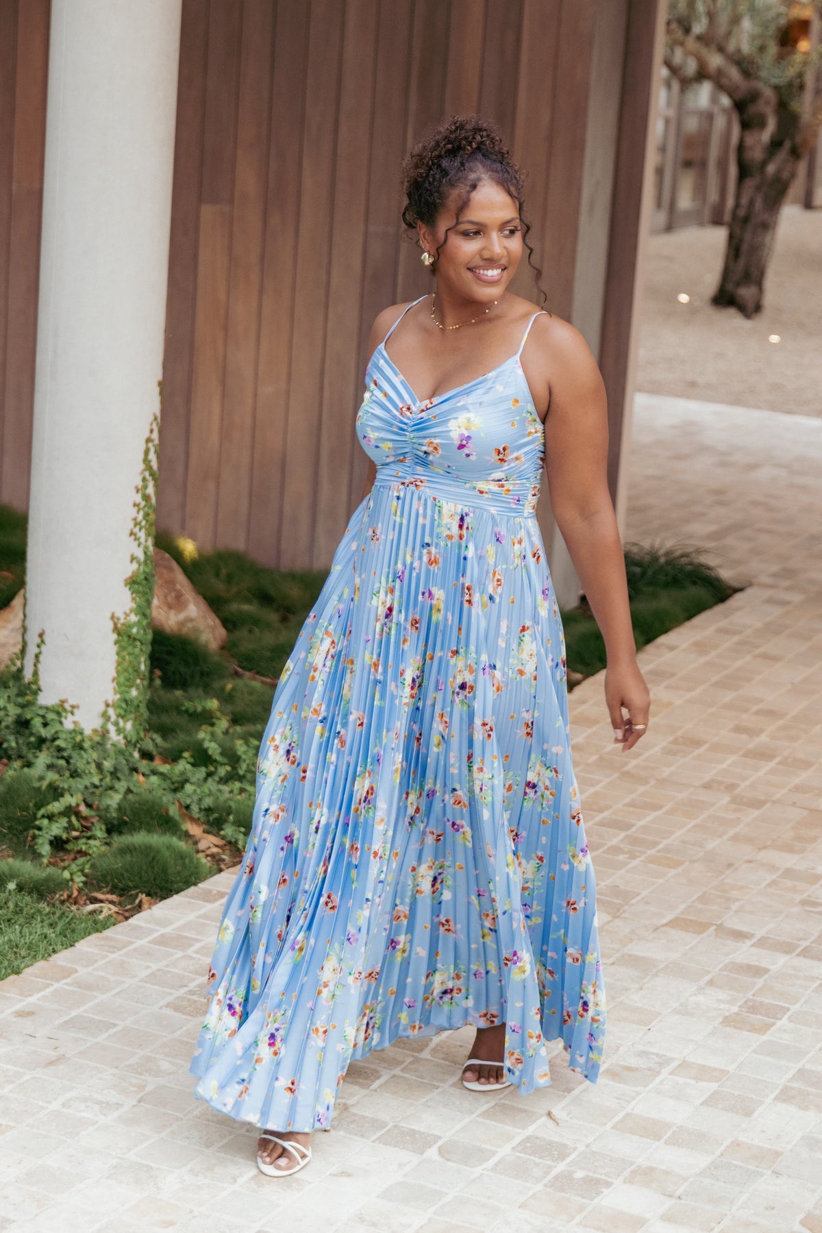 Genna Ruched V-Neck Pleat Maxi Dress - Light Blue Floral