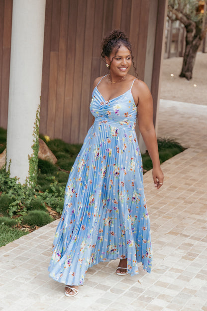 Genna Ruched V-Neck Pleat Maxi Dress - Light Blue Floral