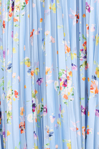 Genna Ruched V-Neck Pleat Maxi Dress - Light Blue Floral