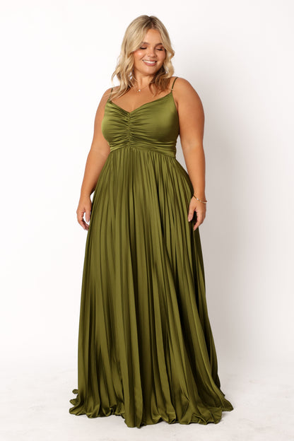 Genna Ruched V-Neck Pleat Maxi Dress - Olive Green