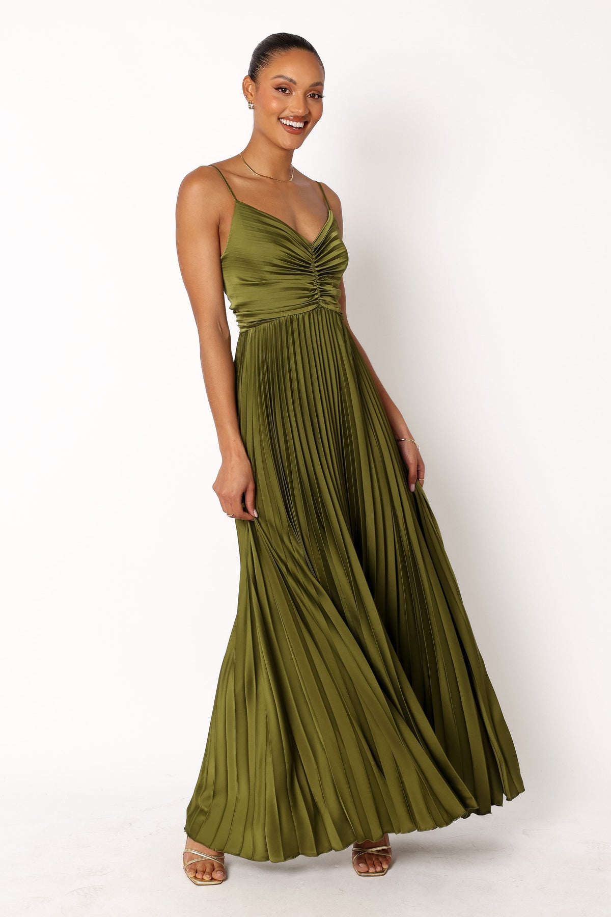 Genna Ruched V-Neck Pleat Maxi Dress - Olive Green