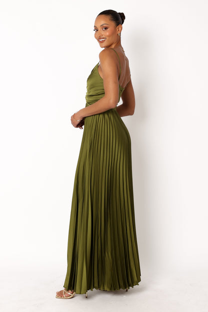 Genna Ruched V-Neck Pleat Maxi Dress - Olive Green