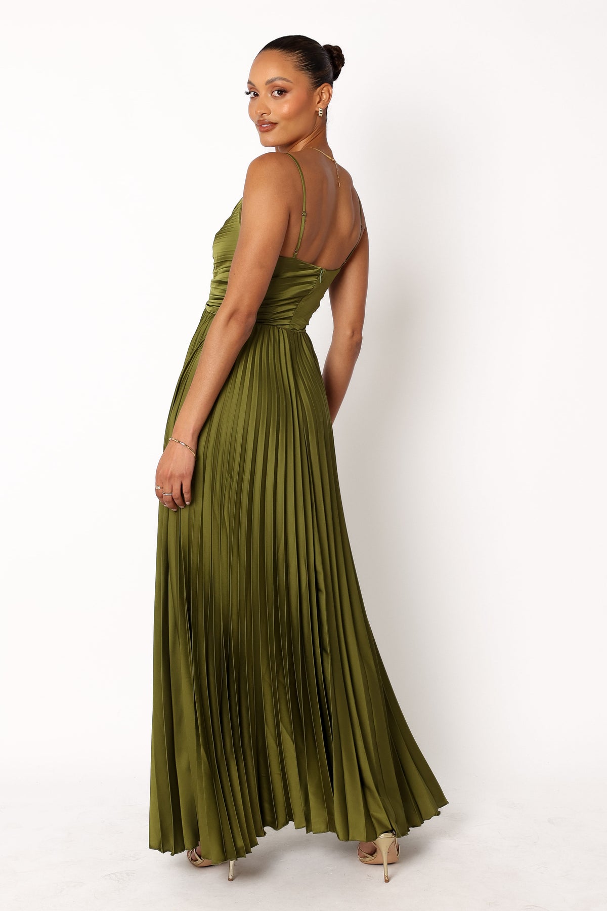 Genna Ruched V-Neck Pleat Maxi Dress - Olive Green