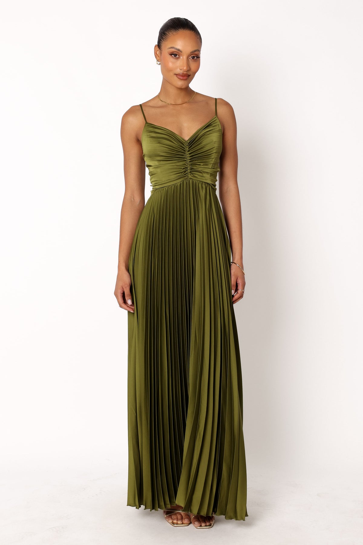 Genna Ruched V-Neck Pleat Maxi Dress - Olive Green
