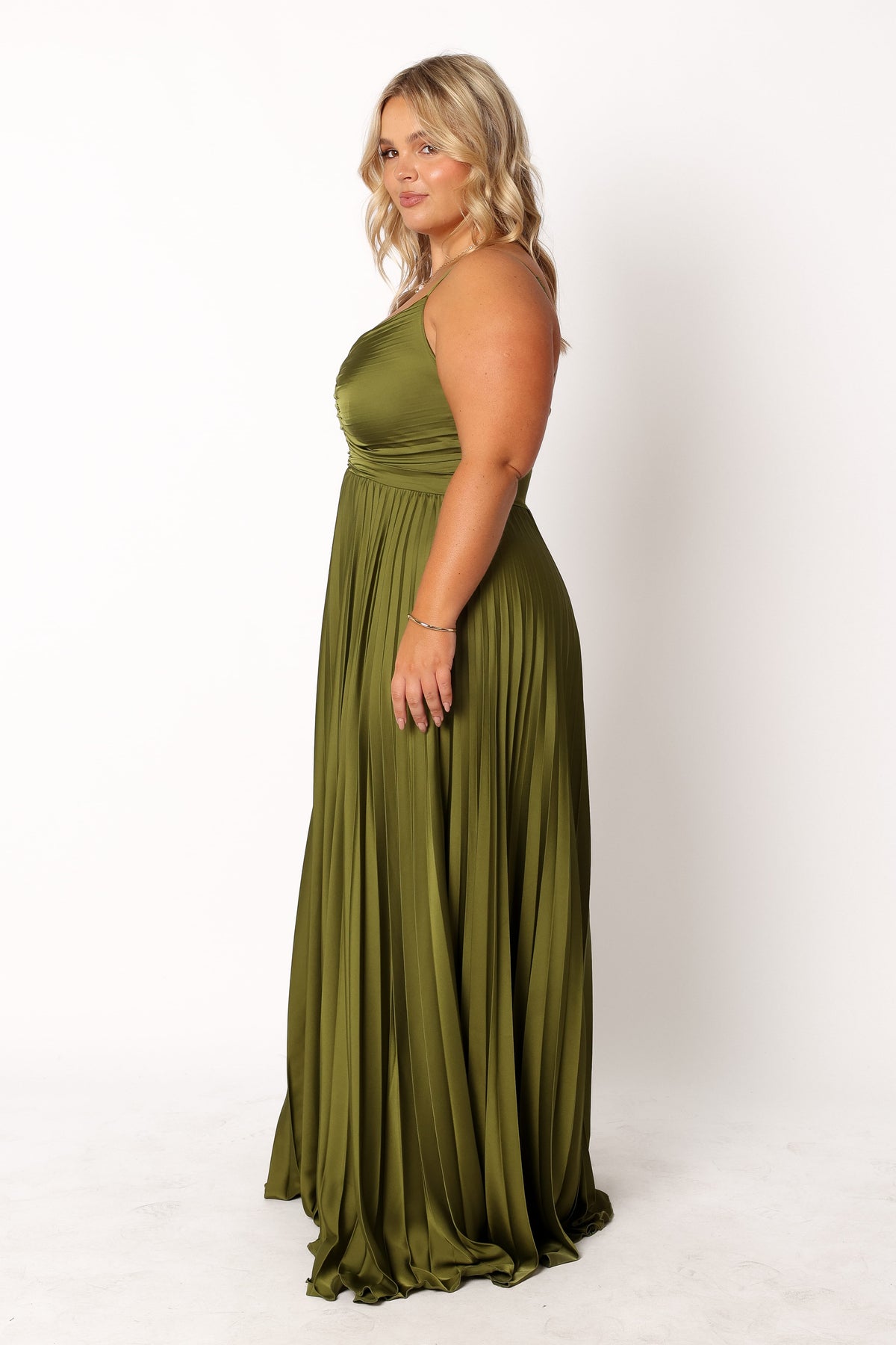 Genna Ruched V-Neck Pleat Maxi Dress - Olive Green
