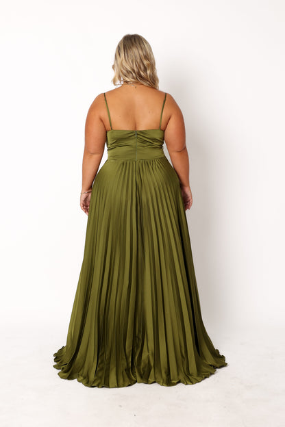 Genna Ruched V-Neck Pleat Maxi Dress - Olive Green