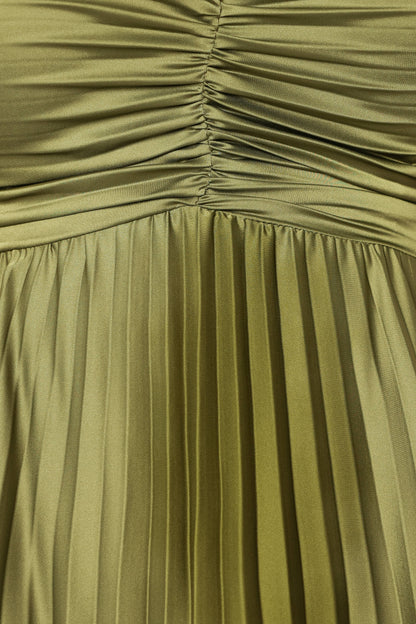 Genna Ruched V-Neck Pleat Maxi Dress - Olive Green