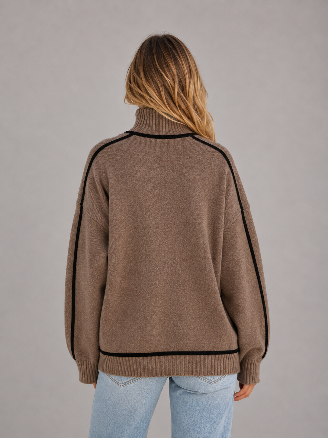 Georgie Contrast Roll Neck Oversized Sweater - Brown