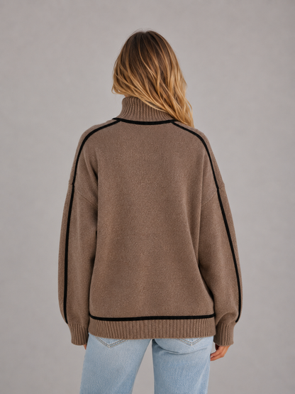 Georgie Contrast Roll Neck Oversized Sweater - Brown