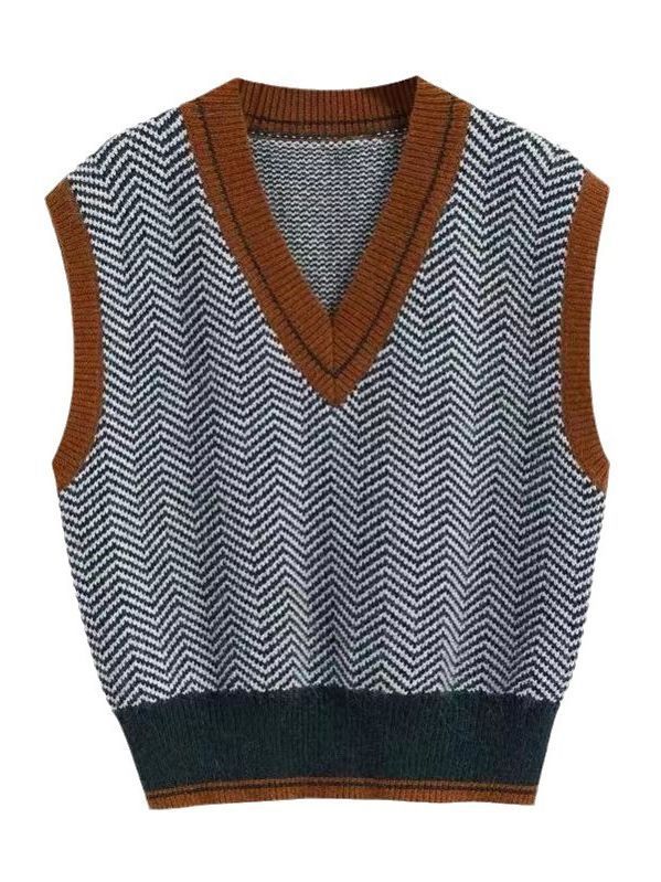 Germaine Zigzag V-Neck Sleeveless Sweater - Blue Zigzag