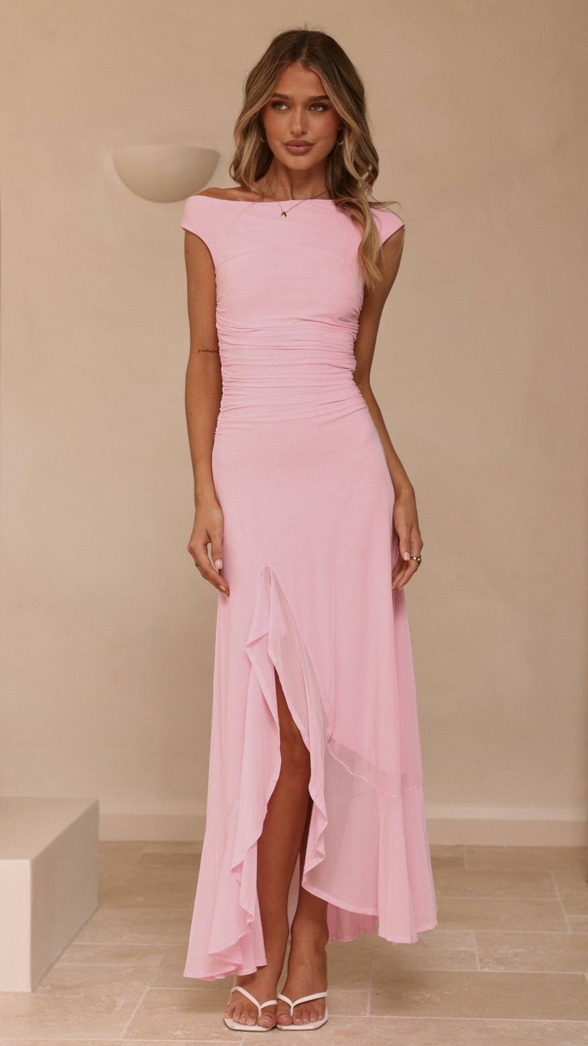 Giada One Shoulder Ruffle Maxi Dress - Pink