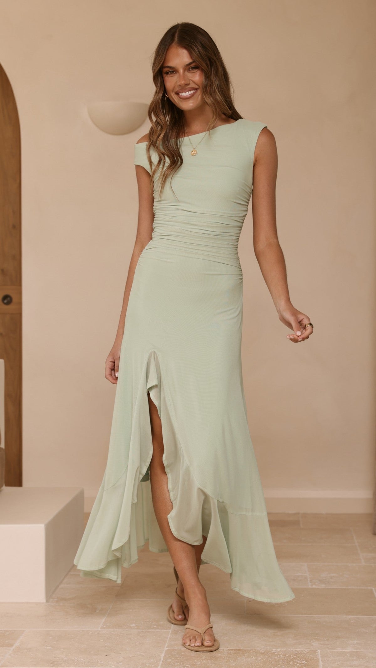 Giada One Shoulder Ruffle Maxi Dress - Sage