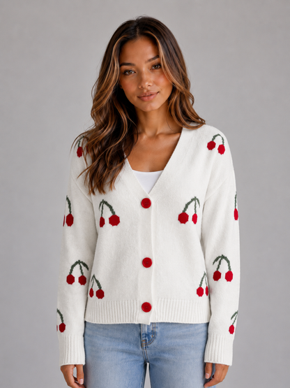Gillian Cherry Print Button Front Cardigan - Ivory