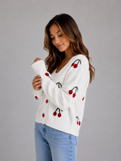 Gillian Cherry Print Button Front Cardigan - Ivory