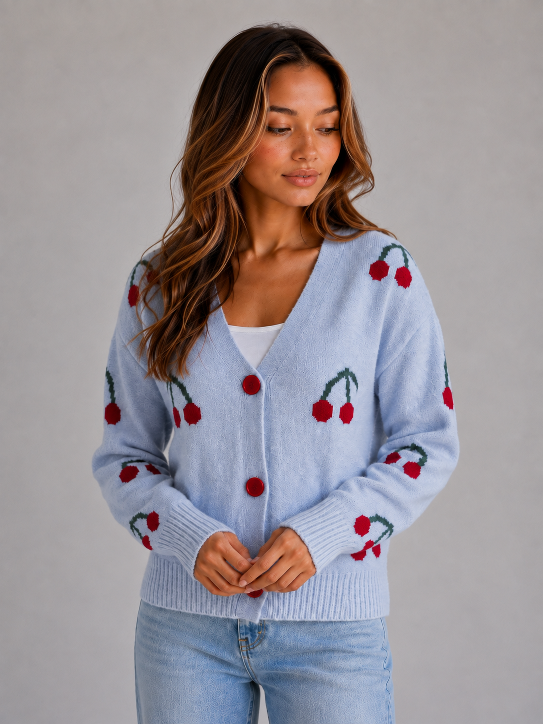 Gillian Cherry Print Button Front Cardigan - Light Blue
