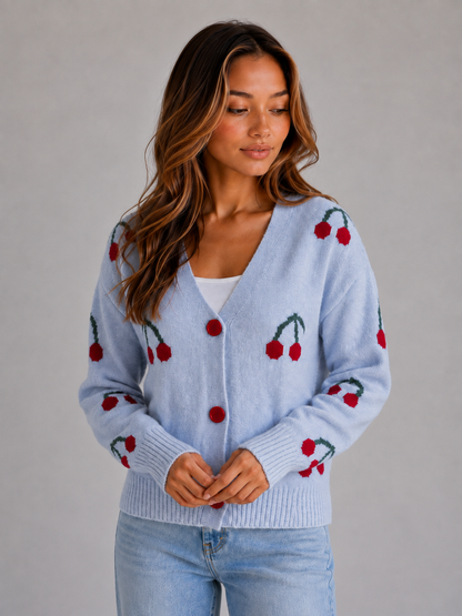 Gillian Cherry Print Button Front Cardigan - Light Blue