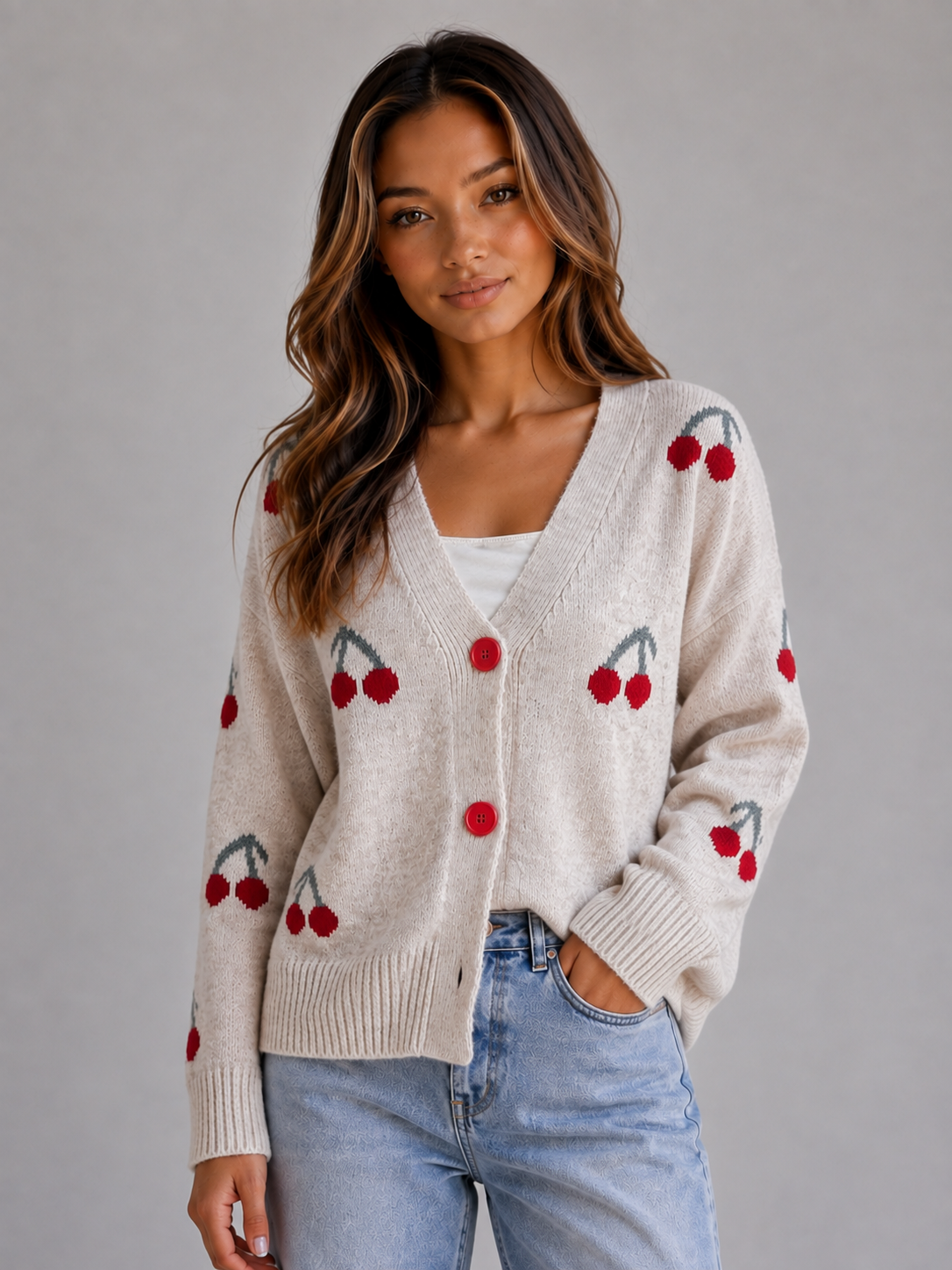 Gillian Cherry Print Button Front Cardigan - Oatmeal