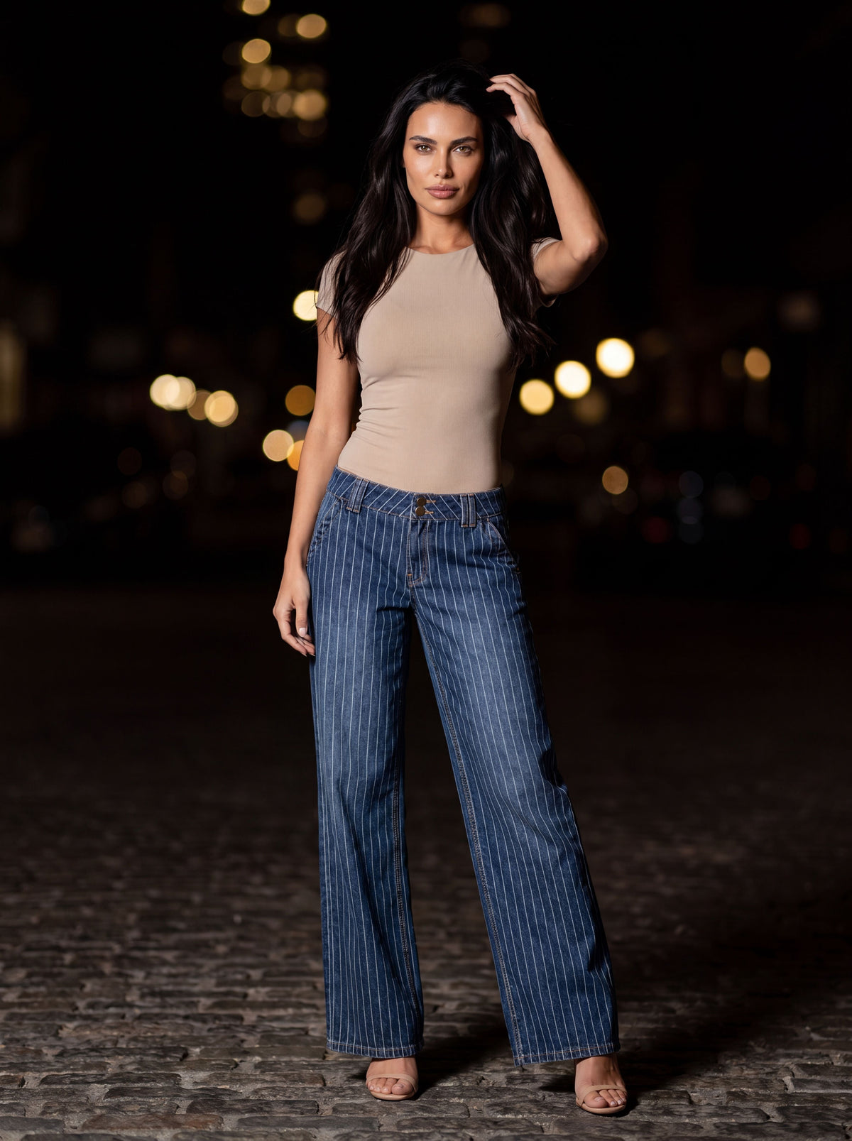 Gilly Pinstripe Low Rise Wide Leg Jeans - Medium Blue