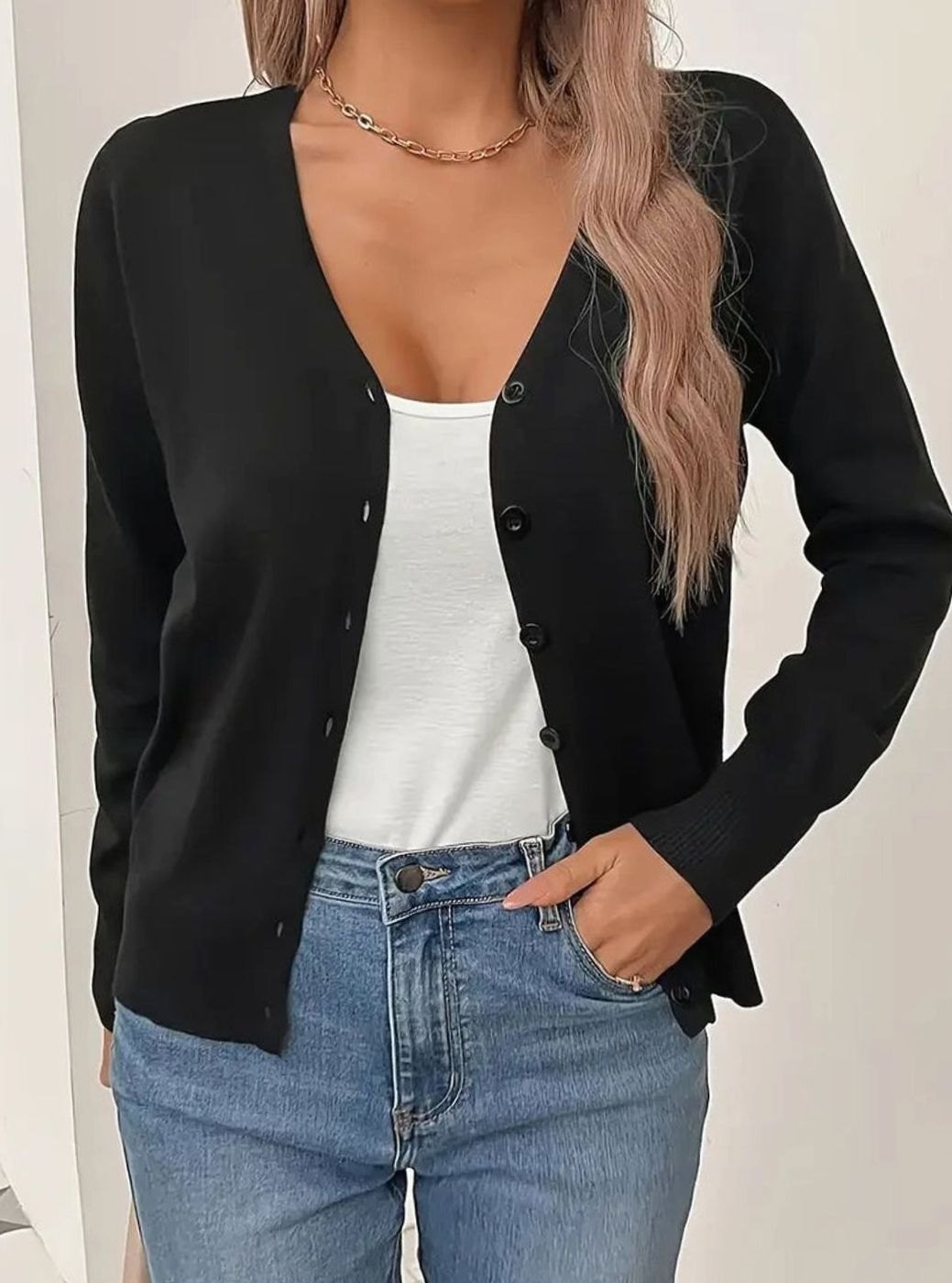 Ginny V-Neck Button Front Cardigan - Black